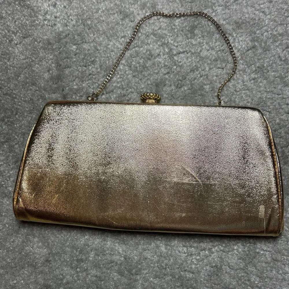 Vintage Gold Metallic Clutch Purse Evening Bag Chain Strap Satin Lined 50’s 60’s - Picture 3 of 16